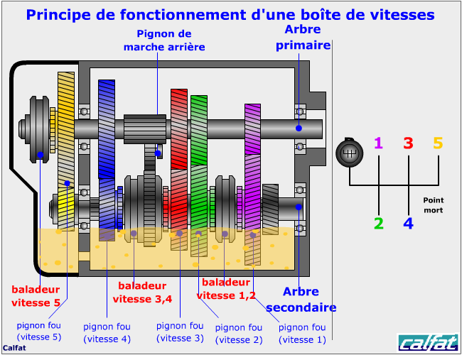 Représentation schématique d'une boîte de vitesses manuelle contemporaine.